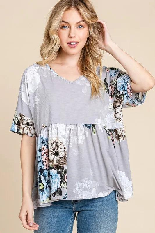BOMBOM Peplum Floral V-Neck Half Sleeve Blouse - Brittney MADE