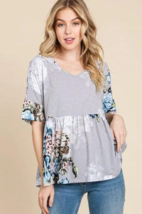 BOMBOM Peplum Floral V-Neck Half Sleeve Blouse - Brittney MADE