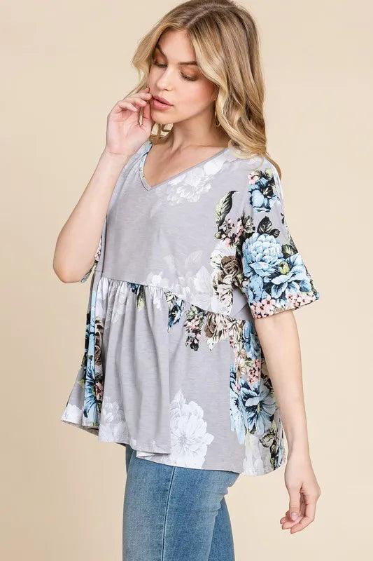 BOMBOM Peplum Floral V-Neck Half Sleeve Blouse - Brittney MADE