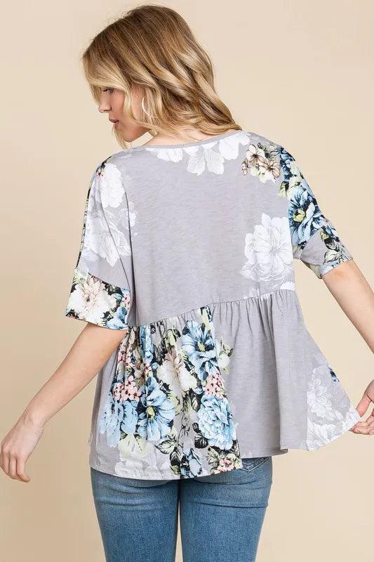 BOMBOM Peplum Floral V-Neck Half Sleeve Blouse - Brittney MADE