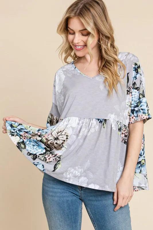 BOMBOM Peplum Floral V-Neck Half Sleeve Blouse - Brittney MADE