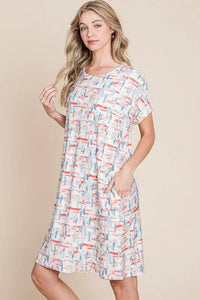 BOMBOM Printed Round Neck Short Sleeve Tee Dress - Brittney MADE