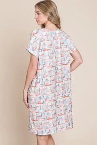BOMBOM Printed Round Neck Short Sleeve Tee Dress - Brittney MADE