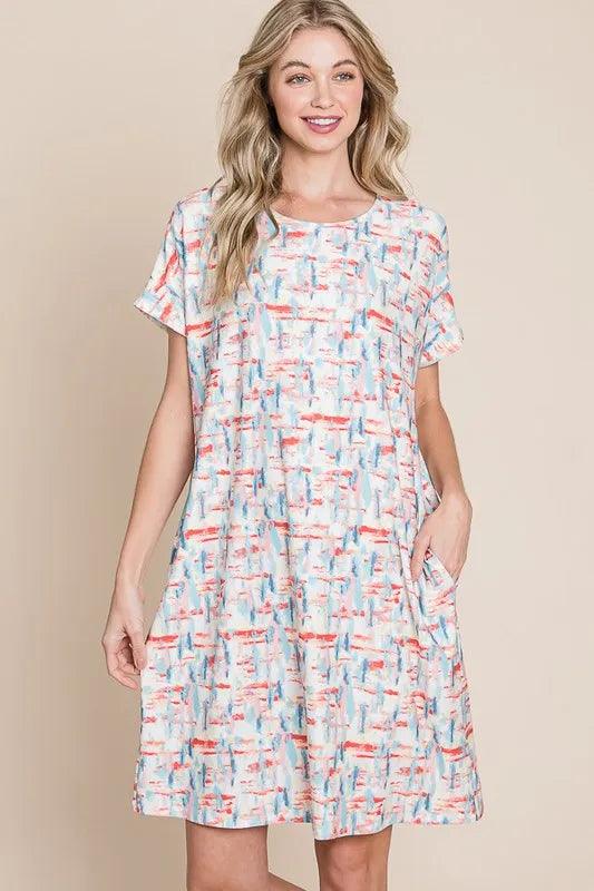 BOMBOM Printed Round Neck Short Sleeve Tee Dress - Brittney MADE