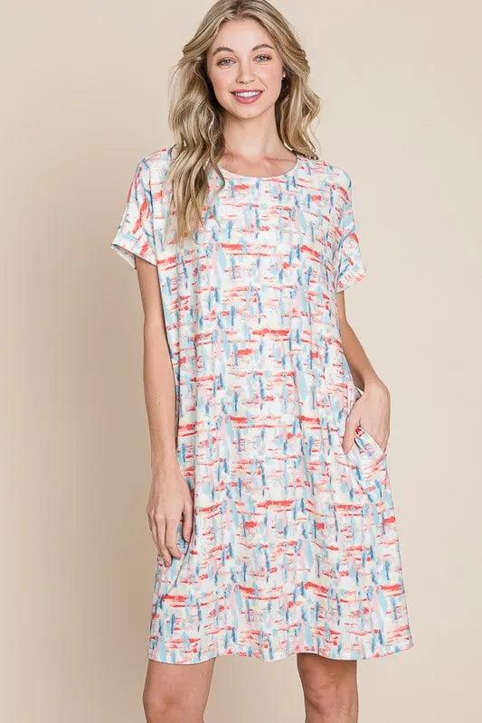 BOMBOM Printed Round Neck Short Sleeve Tee Dress - Brittney MADE