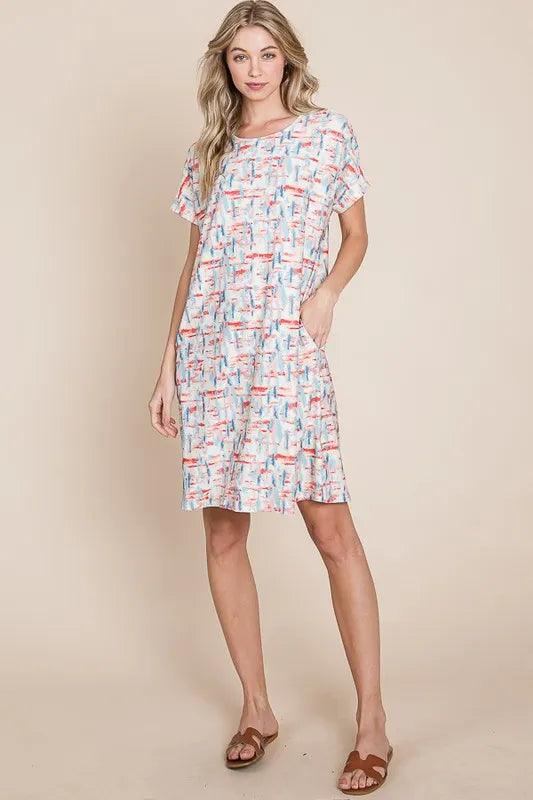 BOMBOM Printed Round Neck Short Sleeve Tee Dress - Brittney MADE