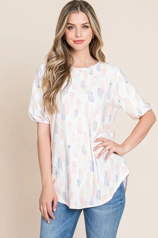 BOMBOM Round Neck Puff Short Sleeve Blouse - Brittney MADE