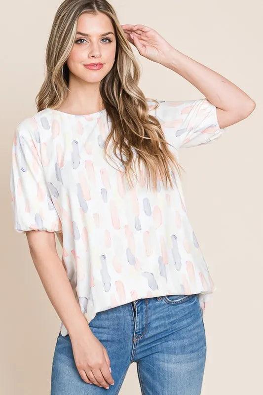 BOMBOM Round Neck Puff Short Sleeve Blouse - Brittney MADE