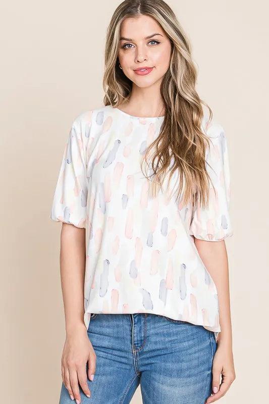 BOMBOM Round Neck Puff Short Sleeve Blouse - Brittney MADE