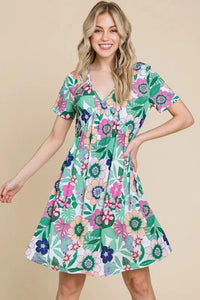 BOMBOM Ruched Floral V-Neck Short Sleeve Dress - Brittney MADE