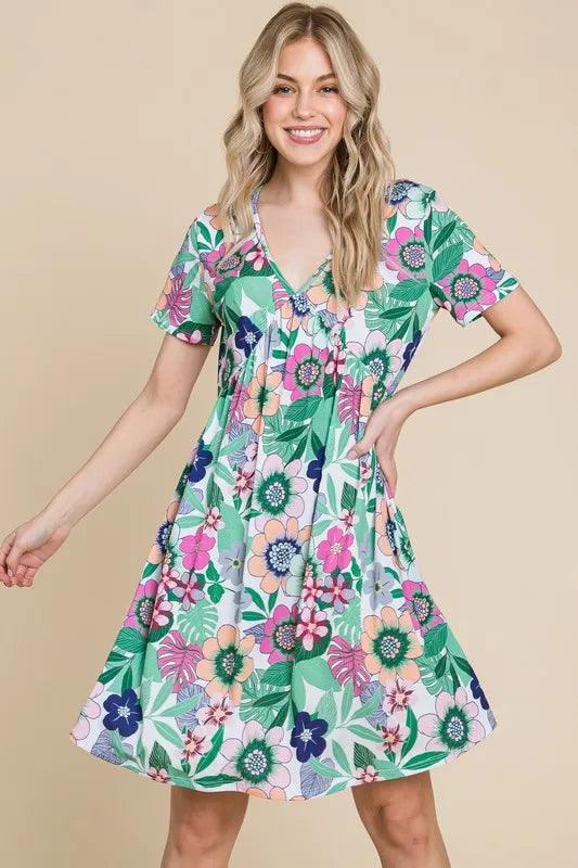 BOMBOM Ruched Floral V-Neck Short Sleeve Dress - Brittney MADE