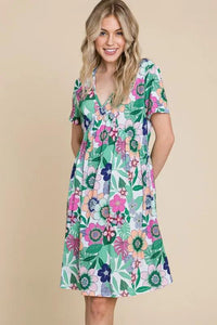 BOMBOM Ruched Floral V-Neck Short Sleeve Dress - Brittney MADE