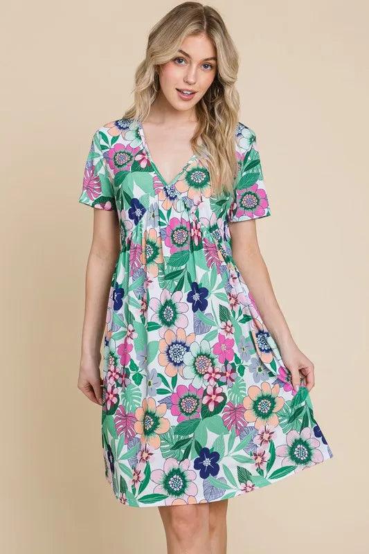 BOMBOM Ruched Floral V-Neck Short Sleeve Dress - Brittney MADE