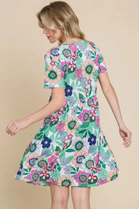 BOMBOM Ruched Floral V-Neck Short Sleeve Dress - Brittney MADE