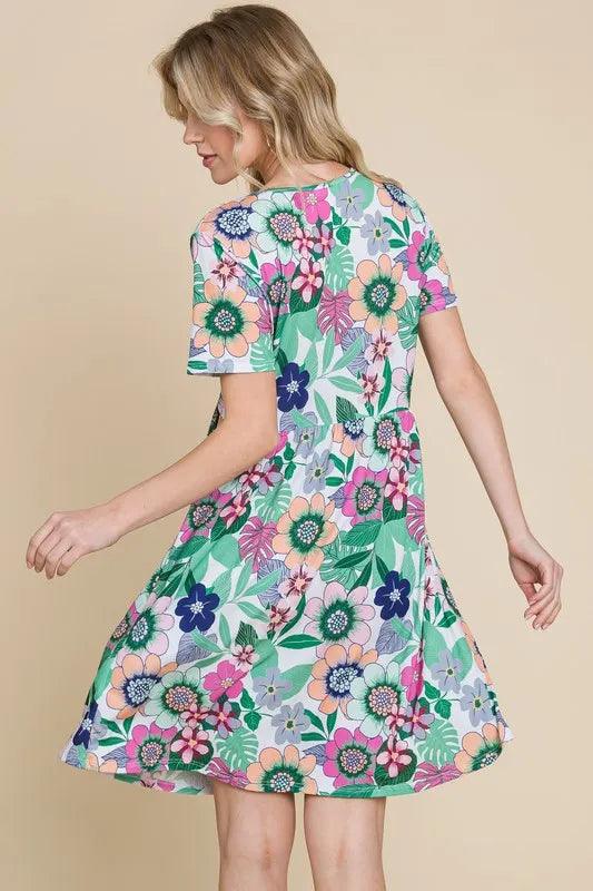 BOMBOM Ruched Floral V-Neck Short Sleeve Dress - Brittney MADE
