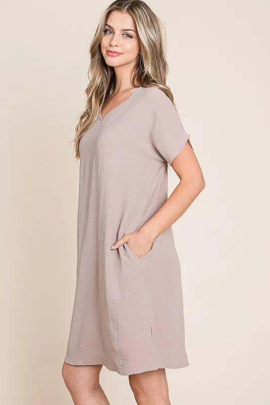 BOMBOM V-Neck Short Sleeve Dress with Pockets - Brittney MADE