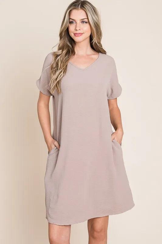 BOMBOM V-Neck Short Sleeve Dress with Pockets - Brittney MADE