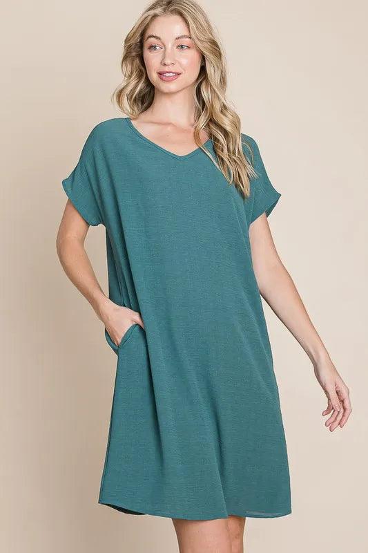 BOMBOM V-Neck Short Sleeve Dress with Pockets - Brittney MADE