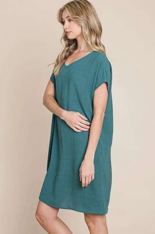 BOMBOM V-Neck Short Sleeve Dress with Pockets - Brittney MADE