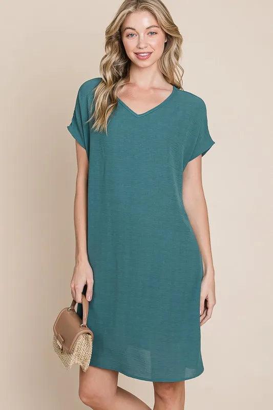 BOMBOM V-Neck Short Sleeve Dress with Pockets - Brittney MADE