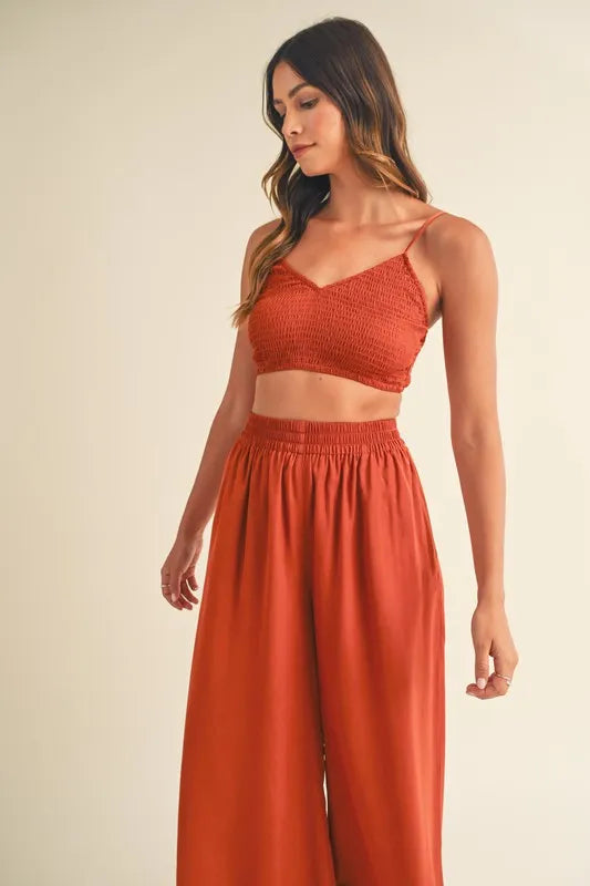 MABLE Smocked Bralette Crop Top and Wide Leg Pants Set - Brittney MADE