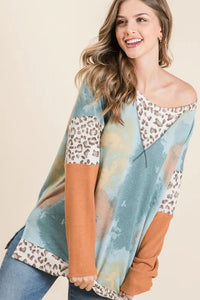 BiBi Tie-Dye Leopard Terry Round Neck Long Sleeve T-Shirt - Brittney MADE
