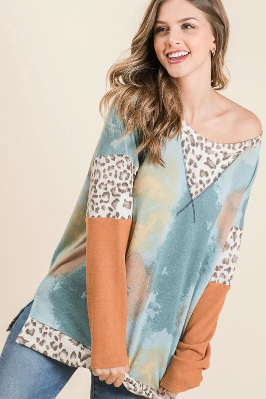 BiBi Tie-Dye Leopard Terry Round Neck Long Sleeve T-Shirt - Brittney MADE