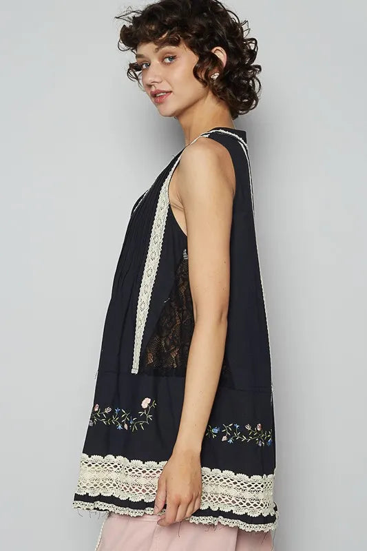 POL Embroidered Lace Detail V-Neck Sleeveless Top - Brittney MADE