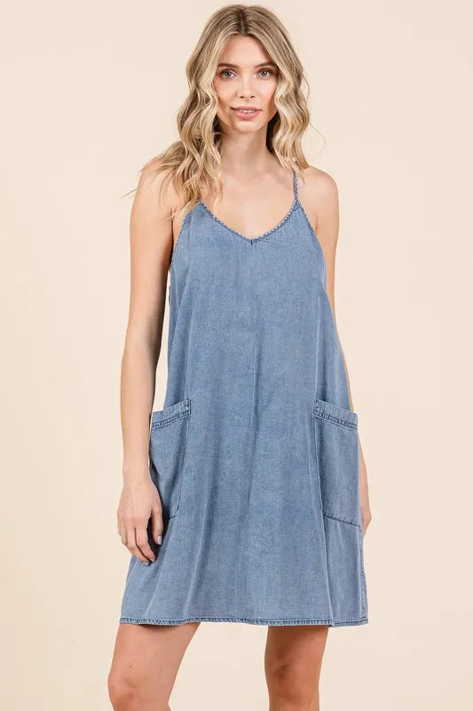 Mittoshop Washed Patch Pocket Mini Cami Denim Dress - Brittney MADE