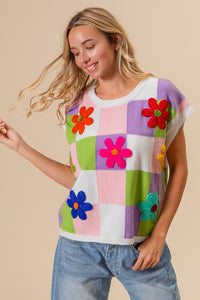 BiBi Flower Patch Checkered Sweater Vest - Brittney MADE