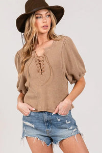 SAGE+FIG Lace-Up Waffle Knit Crop Top - Brittney MADE