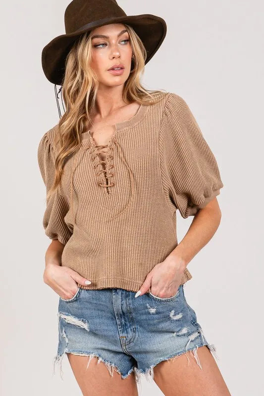 SAGE+FIG Lace-Up Waffle Knit Crop Top - Brittney MADE