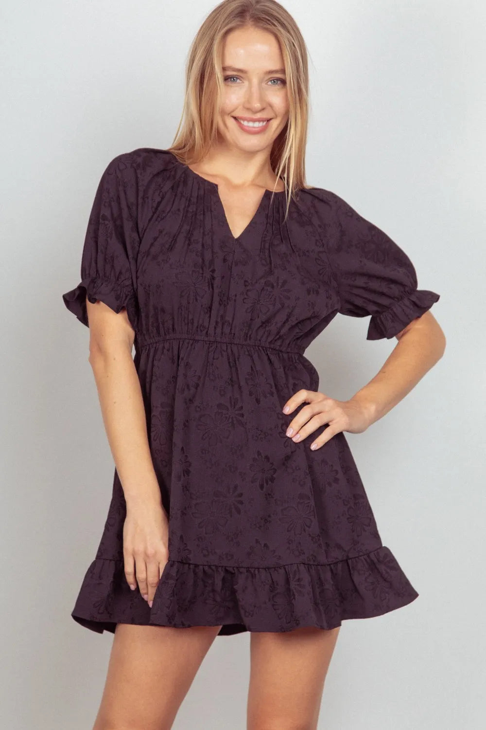 VERY J Floral Textured Woven Ruffled Mini Dress - Brittney MADE
