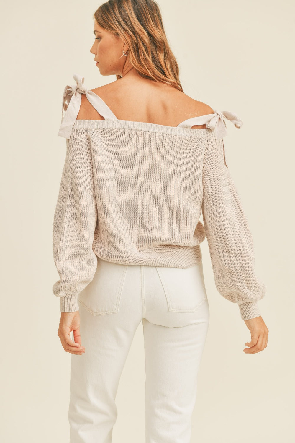 MABLE Off Shoulder Self Tie Strap Button Down Sweater - Brittney MADE