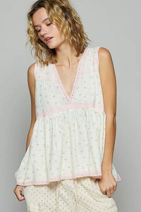 POL Lace Detail Floral V-Neck Sleeveless Top - Brittney MADE