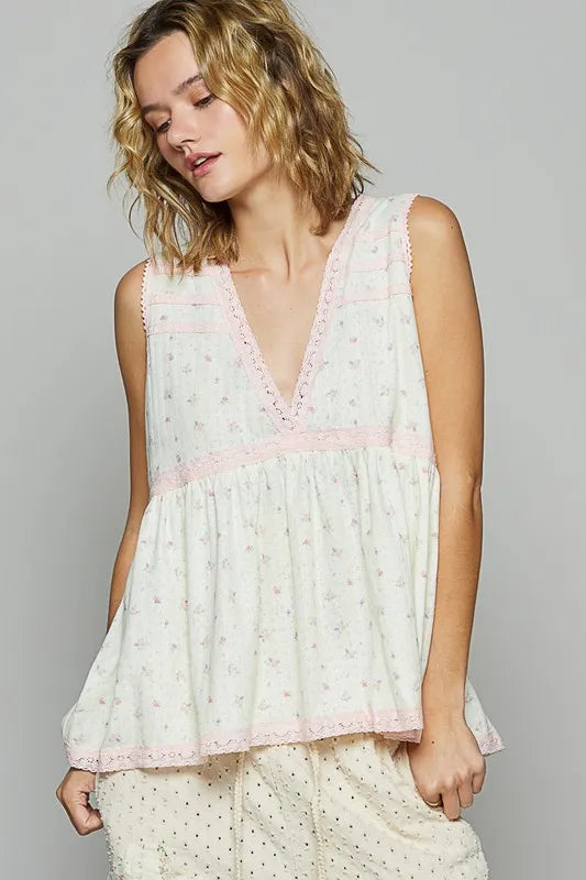 POL Lace Detail Floral V-Neck Sleeveless Top - Brittney MADE