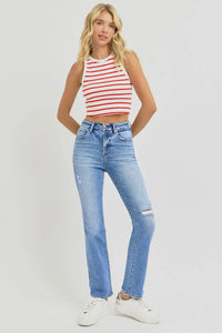 RISEN Full Size Distressed High-Rise Ankle Straight Jeans - Brittney MADE
