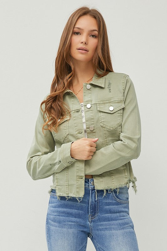 RISEN Full Size Raw Hem Button Up Cropped Denim Jacket Plus Size - Brittney MADE