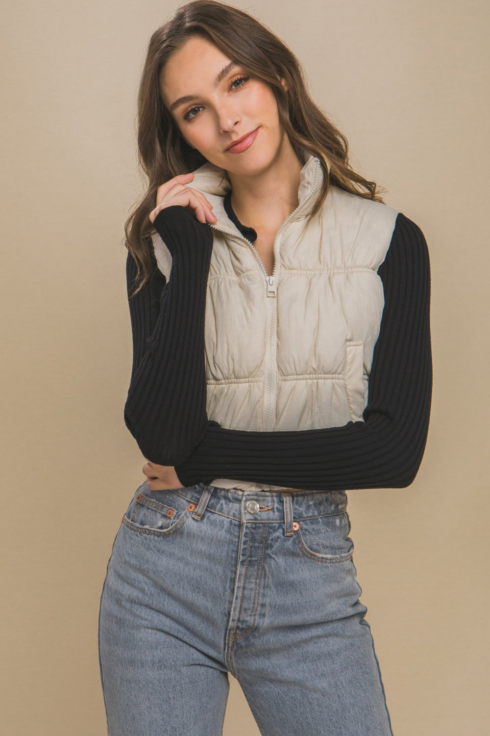 Love Tree Zip Up Turtleneck Cropped Vest Coat - Brittney MADE