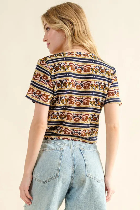 And The Why Printed V Neck Cropped T-Shirt - Brittney MADE