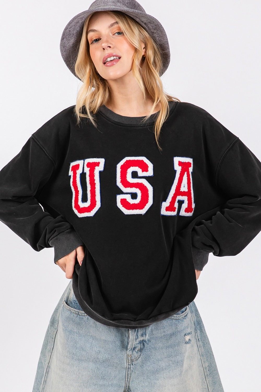 SAGE + FIG USA Letter Patch Round Neck Sweatshirt - Brittney MADE
