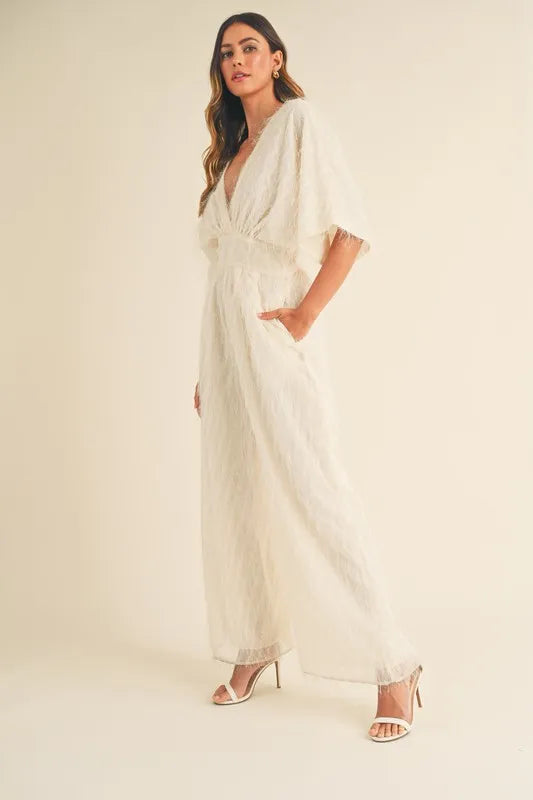 MABLE Fluffy Deep V Neck Wide Leg Jumpsuit - Brittney MADE