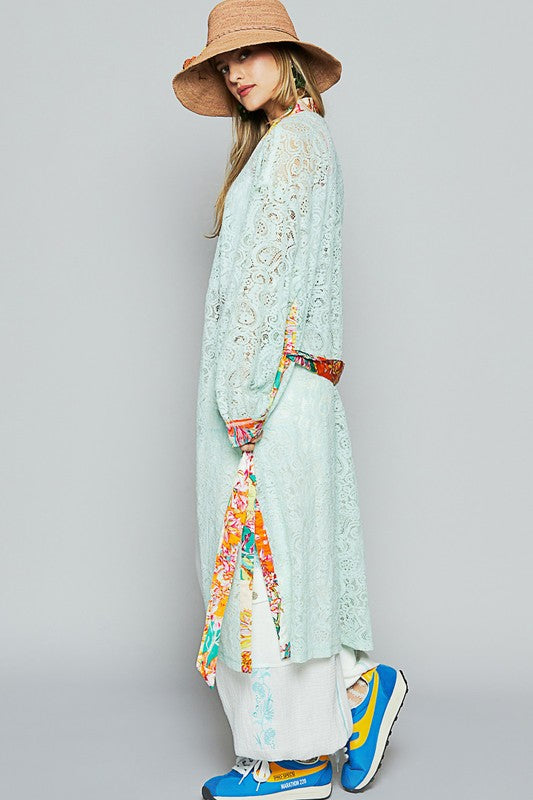 POL Floral Trim Lace Open Front Longline Cardigan - Brittney MADE