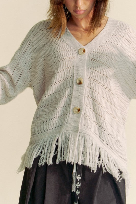 Davi & Dani Fringe V-Neck Button Up Long Sleeve Cardigan - Brittney MADE