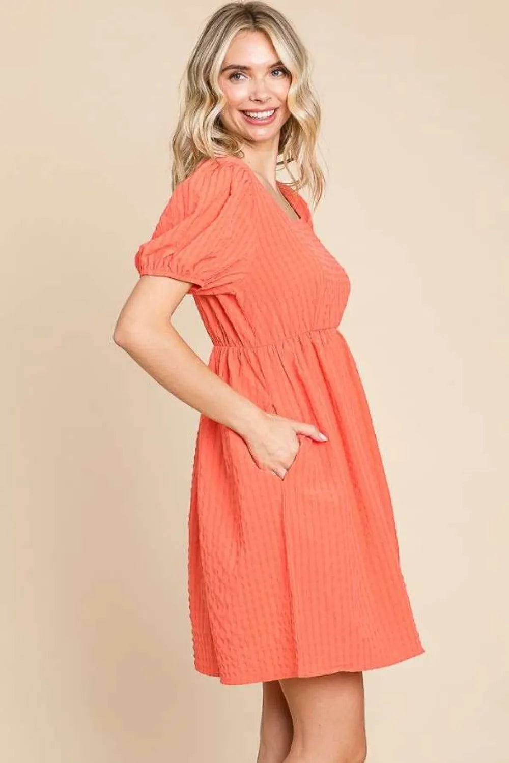 Culture Code Textured Square Neck Short Sleeve Dress - Brittney MADE