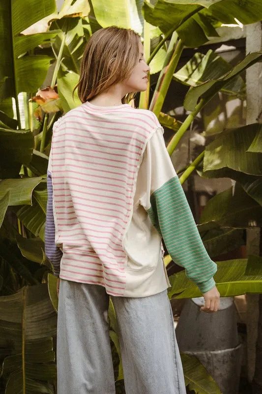 BiBi Exposed Seam Slit Striped Round Neck T-Shirt - Brittney MADE