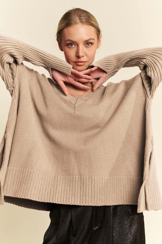 Davi & Dani Ribbed Side Slit V-Neck Sweater - Brittney MADE