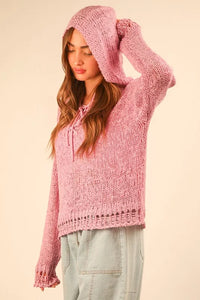 VERY J Oversized Openwork Lace Up Hooded Sweater - Brittney MADE