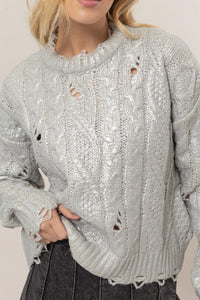 HYFVE Distressed Cable-Knit Round Neck Long Sleeve Sweater - Brittney MADE