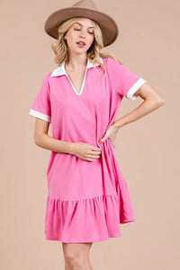 Ces Femme Ruffled Hem Johnny Collar Short Sleeve Dress - Brittney MADE